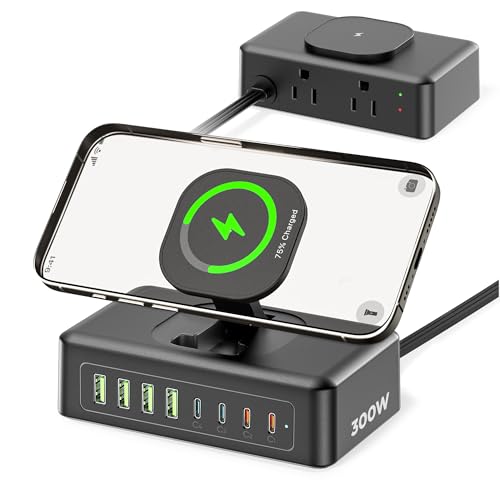 160W USB Charging Station Power Strip, 11-in-1 USB C Charger Block, 2AC Outlets with 8USB Ports(4USB-C), 5FT Flat Plug Extension Cord, Fast Charging Desktop Charger for Home Office Dorm Room, Black