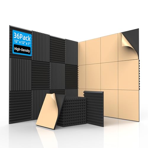 36 Pack Acoustic Foam Panels with Self Adhesive 12" X 12" X 1" Sound Proof Foam Panels for Walls High Density Wedge Soundproof Wall Panels for Studio Office Gaming Room