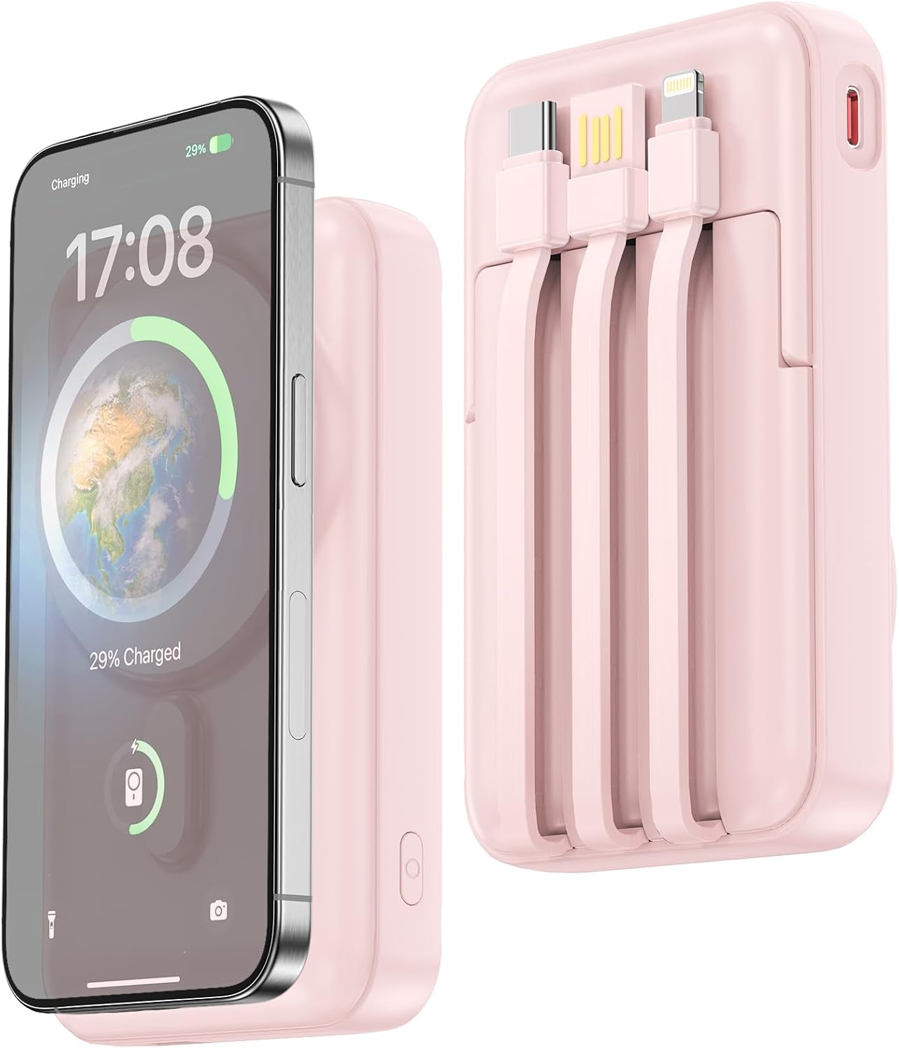 Essri Wireless Magnetic Power Bank 10000mAh,Portable Charger with Built in Cable,PD 22.5W Fast Charging for Magsafe Battery Pack with Stand for iPhone 16/15 /14/13 /12 Series,1Pack-Pink