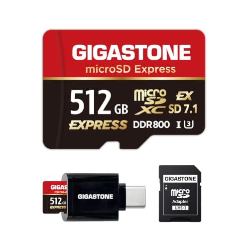 GIGASTONE 512GB microSD Express, MicroSDXC Express Memory Card SD 7.1 Speed up to R/W 880/650MB/s Compatible with Nintendo-Switch 2, Professional Camera, A1 V30 U3, with Adapter and Type C Card Reader