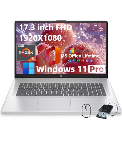 HP 17.3" FHD Laptop for Business & Students - w/External DVD Drive & Office Lifetime License, AMD Ryzen 5 7430U CPU, 250 Nits IPS Display, Webcam, Wifi6, Win 11 Pro (16GB RAM 512GB SSD)