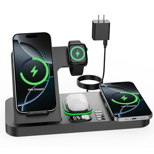 Dual Phone Wireless Charging Station for Apple Devices, Magnetic Charging Station for iPhone with Auto Switch 7-Color Light&Clock, Family Watch Charger for iPhone17 for iWatch10 for AirPods Pro3(Black