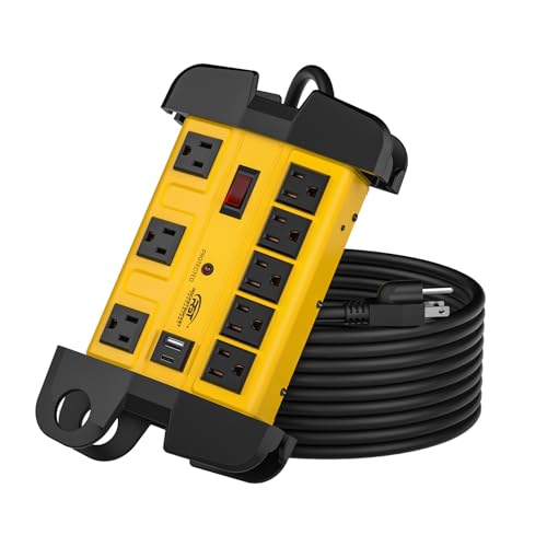 Heavy Duty Surge Protector Power Strip with USB-C Ports, CRST 8-Outlet Metal Industrial Power Block with 15A Circuit Breaker, 15ft Extension Cord, 1350 Joules for Workshop, Garage, Office, Shop...