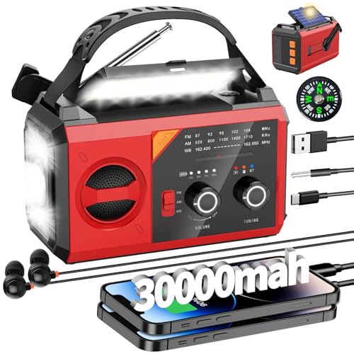 30000mAh Emergency Radio with NOAA Weather Alert, Emergency Hand Crank Weather Radio Portable AM/FM/NOAA Solar Radio with Compass SOS&Flashlight for Survival and Camping/Home (Red-30000mAh)