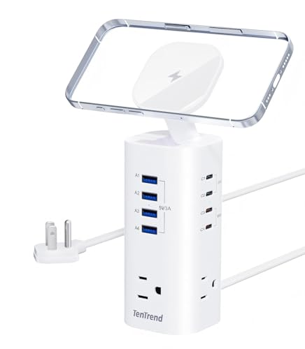 Power Strip Tower Surge Protector, TenTrend Flat Plug Extension Cord with 3AC Outlets & 8 USB Ports(4 USB-C), 115W Fast Charging Station for Home, Office Supplies, Dorm Room