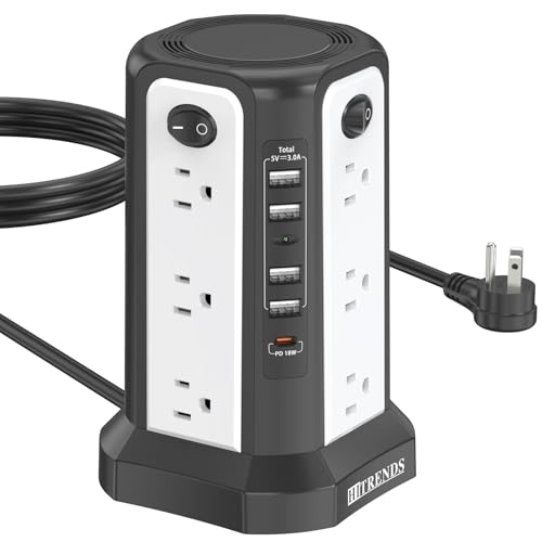 HITRENDS Tower Power Strip with Surge Protection | 12 AC Outlets + 4 USB + PD18W Type-C | 10FT Extension Cord with Multiple Outlets | 2500W Flat Plug Space-Saving Design for Home Office