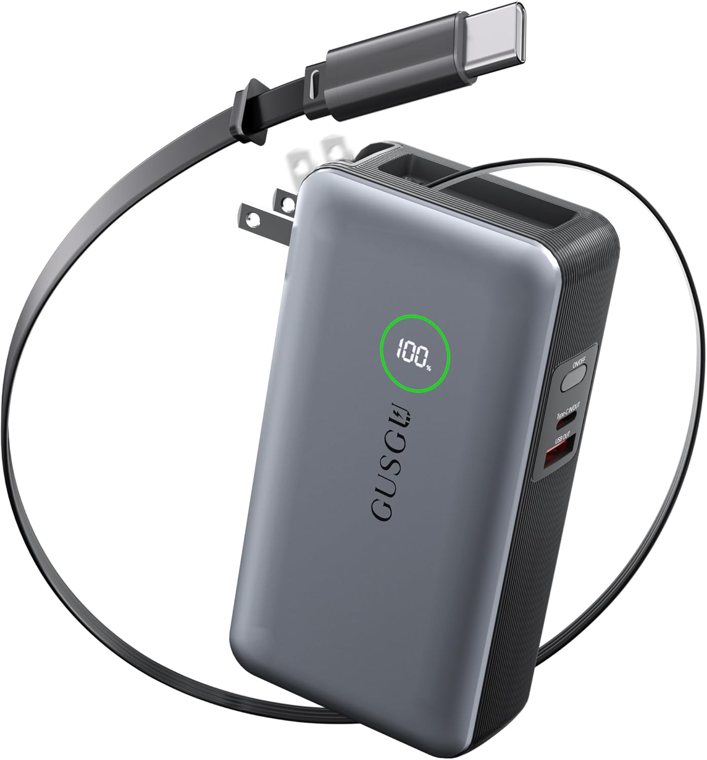GUSGU X3 Pro 20,000mAh Power Bank with Foldable Plug, Built-in Type-C Cable & USB-C/USB-A Ports, 65W PD Max Fast Charger for MacBook Air/Pro, iPad, iPhone 17/16/15, Galaxy S24/S23 and More