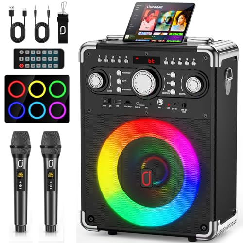 Karaoke Machine with 2 Wireless Microphones for Adults, Portable Bluetooth Party Speaker with Echo Adjustment, Singing Machine Support TWS/USB/TF Card/Guitar/TV Connected for Outdoor/Events etc