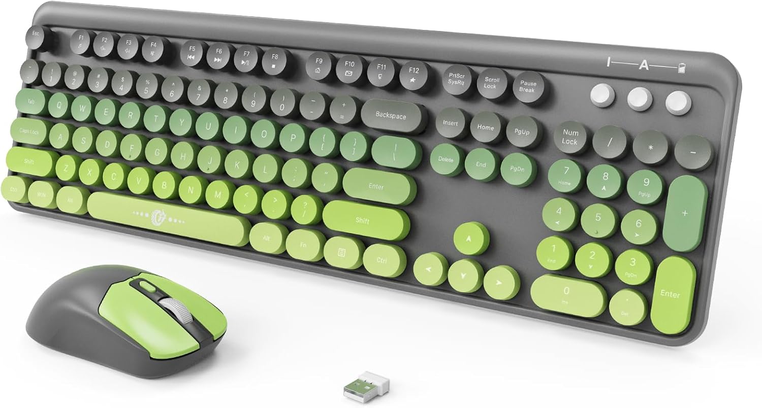 FOPETT Wireless Keyboard and Mouse Combo, 104 Keys Full-Sized 2.4 GHz Round Keycap Colorful Keyboards, USB Receiver Plug and Play, for Windows, Mac, PC, Laptop, Desktop (GreyGreen)