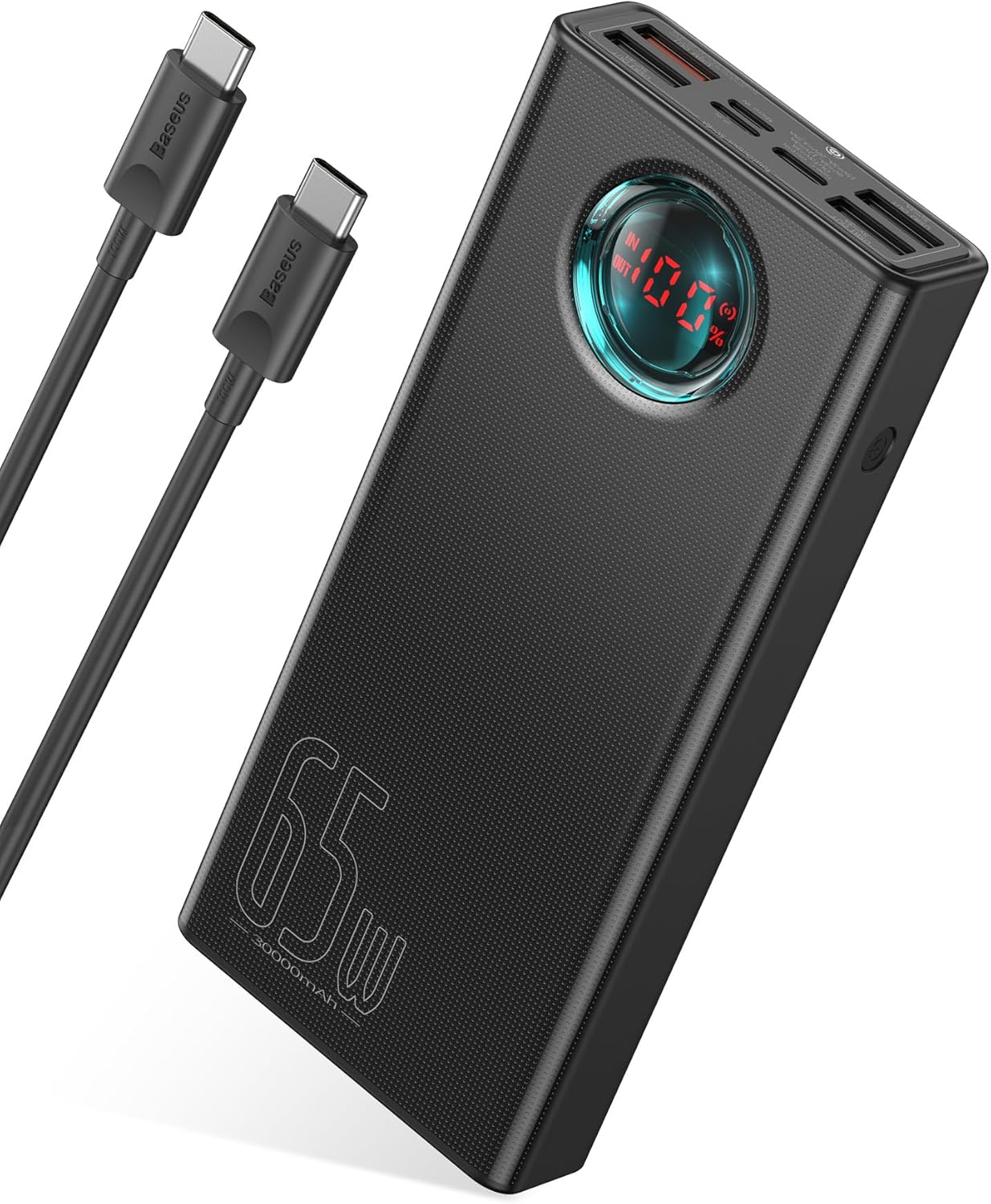 Baseus 30000mAh 65W Portable Charger, Laptop Power Bank with Digital Display, 7-Ports for MacBook Pro/Air, iPhone 16/15/14, iPad, Samsung Galaxy, Steam Deck, ASUS ROG Ally - PD3.0/QC4.0 (Black)