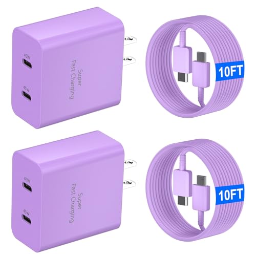 45W USB-C Super Fast Charger, 2-Port 45 Watt Type C Charger Fast Charging Block with 10FT USB C Cable Cord for Samsung Galaxy S25 Ultra/S25+/S25/S24/S23 Ultra/S23+/S22 Ultra/S22+/S20 Ultra-Purple