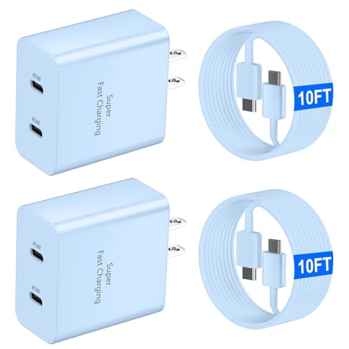 45W USB-C Super Fast Charger, 2-Port 45 Watt Type C Charger Fast Charging Block with 10FT USB C Cable Cord for Samsung Galaxy S25 Ultra/S25+/S25/S24/S23 Ultra/S23+/S22 Ultra/S22+/S20 Ultra-Blue