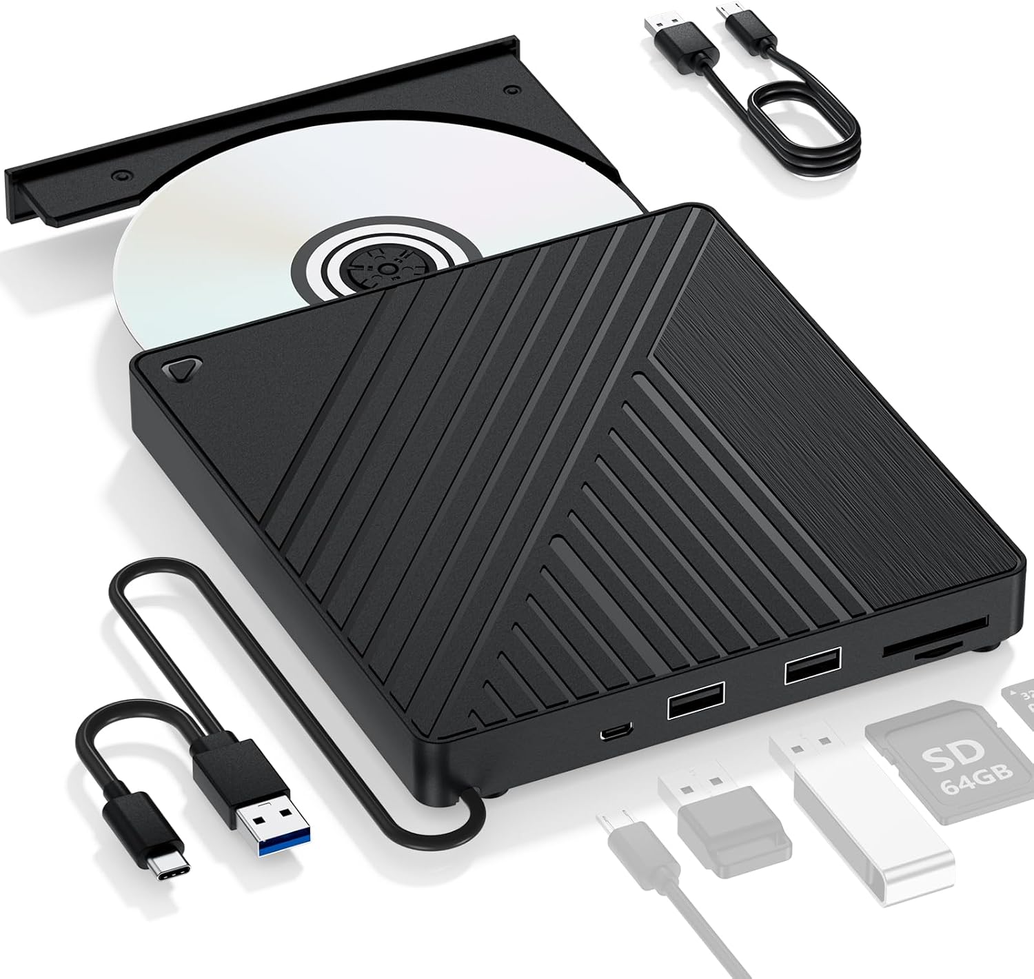 Ultra-Portable 5-in-1 External Blu-ray Drive: USB 3.0 & USB-C DVD/CD Burner, BD Reader with Dual USB-A Ports & SD/TF Card Readers  Seamless Laptop/PC Compatibility for Windows, Mac, Linux (5 IN 1)