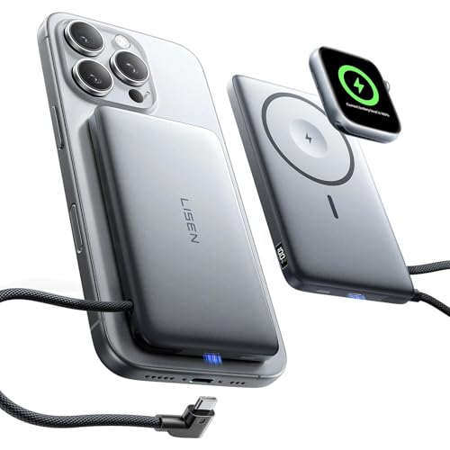 LISEN 0.5'' Ultra Slim MagSafe Power Bank for iPhone and Apple Watch,10000mAh MagSafe Battery Pack,Alloy Magnetic Portable Charger for iPhone 17 Air Pro Max Plus 16/15,Apple Watch S11 /S10/S9/SE