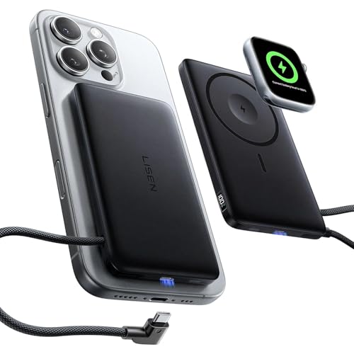 LISEN 0.5'' Ultra Slim MagSafe Power Bank for iPhone and Apple Watch,10000mAh MagSafe Battery Pack,Alloy Magnetic Portable Charger for iPhone 16 Pro Max Plus/15,Apple Watch S11 /S10/S9/SE,Black