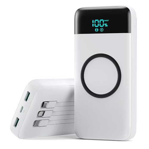 Wireless Portable Charger 40800mAh for iPhone with 3 Built-in Cables,7-in-1 15W Wireless Charging USB C Power Bank,25W PD Fast Charging Travel Essential Battery Pack for iPhone 17/16/15,Android-White