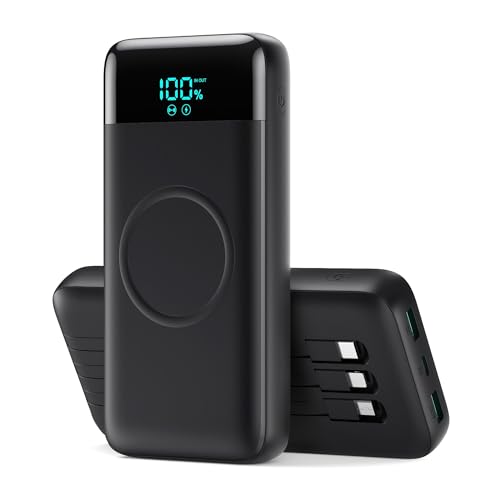 Wireless Portable Charger 40800mAh for iPhone with 3 Built-in Cables,7-in-1 15W Wireless Charging USB C Power Bank,LCD Display 25W PD QC 4.0 Fast Charging Battery Pack