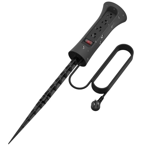 CCCEI Outdoor Power Strip Weatherproof with Stake, Waterproof Extension Cord with Multiple Outlets, Christmas Exterior Garden Decor, Yard, Camping, 4 Plugs, Surge Protector 25FT, Black.