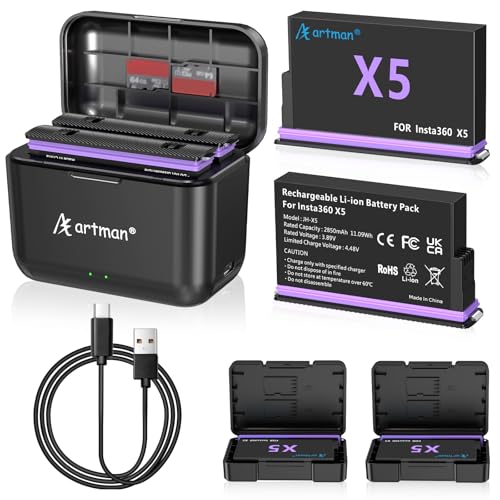 Artman Insta 360 X5 Battery, (2 Pack) 2850mAh Insta 360 X5 Batteries and 2-Slot USB-C Fast Charger, Designed Specifically for Insta 360 X5 Action Camera, Portable and with Misro SD Card Slots