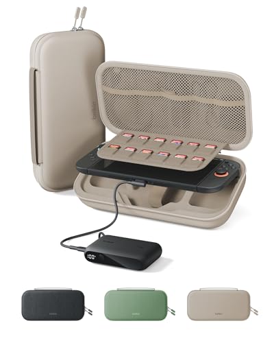 Belkin Nintendo Switch 2 Case w/Integrated 10,000mAh Power Bank Charger, Portable Hard Shell Protective Carrying Case with Pockets for AirTag, Game Cartridges for Travel - Sand