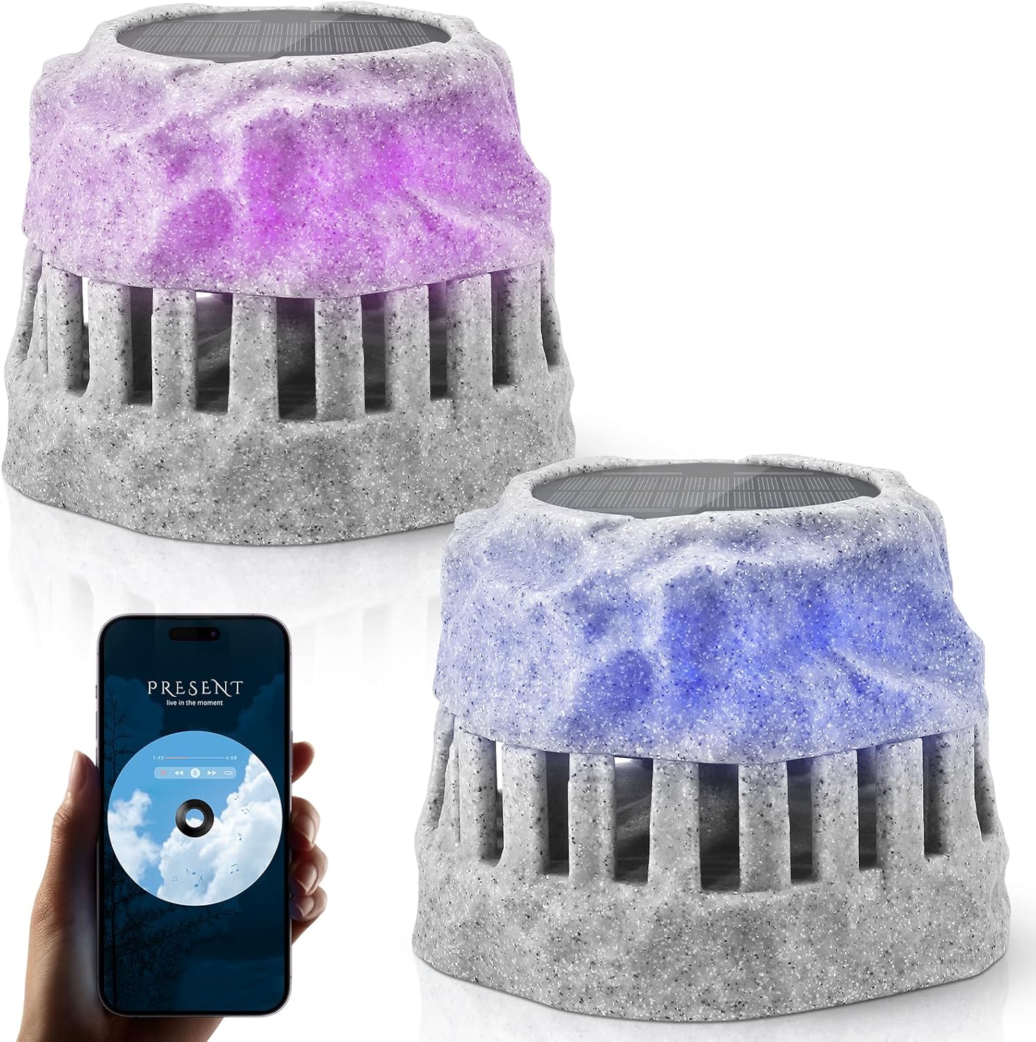 uuffoo 2-Pack Solar Powered Rock Speakers with Lights RGB, 360 Outdoor Rock Speaker 2 in 1 Charging, Water-Resistant IP44 for Patio Pool Party Yard Garden Outside