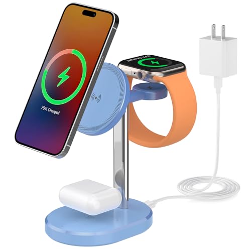 3 in 1 Wireless Charging Station,Detachable Apple Watch Charger & 15W Charger Stand for MagSafe for iPhone, Wireless Charger for Multiple Devices iPhone 16/15/14/13&Watch&AirPods(Blue)