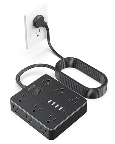 15FT Surge Protector Power Strip, 12 AC Outlets with 6 USB Ports (2 USB-C), Flat Plug Extension Cord, Wall Mount for Home Office, Dorm (Black)