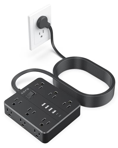 25FT Surge Protector Power Strip,12 AC Outlets with 6 USB Ports (2 USB-C), Flat Plug Extension Cord with Multiple Outlets, Wall Mount for Home Office,Dorm, Black