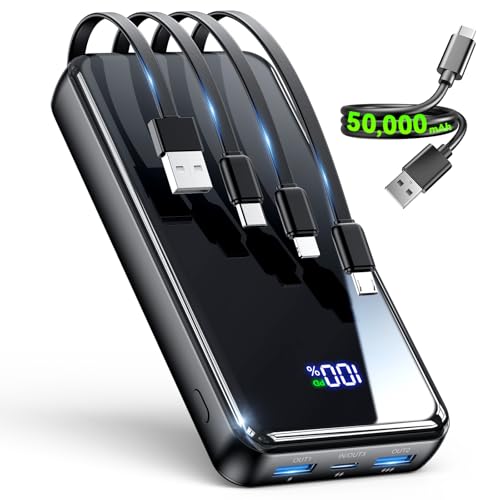 Portable Charger, 50000mAh Power Bank Built-in Cable, 22.5W USB C In & Out Fast Charging, External Battery Pack with 6 Output & 2 Input