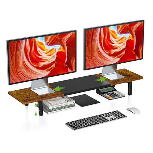 X-cosrack Adjustable Height and Length Dual Monitor Stand Riser, Wood and Steel Monitor Stand for 2 Monitors, Multi-Purpose Desk Shelf Organizer Riser Stand for Computer, Laptop, Printer, TV