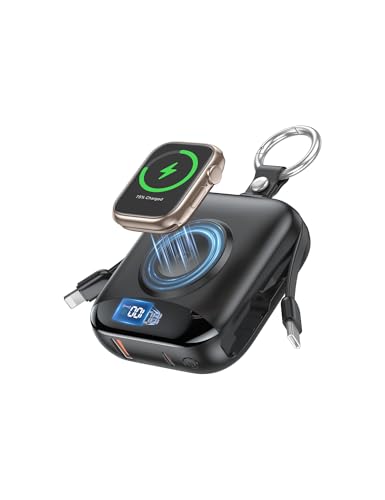 Portable Charger Power Bank, 10000mAh 22.5W Fast Charging with Built-in Cables, Travel Essential Battery Pack with LED Display, Keychain Battery for iPhone, iWatch 10/9/8/7/6/SE/5 Black