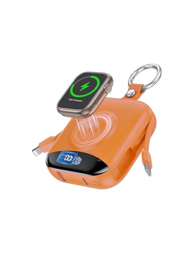 Portable Power Bank, 10000mAh 22.5W Fast Charging Phone Charger with Built-in Cables, Travel Essential Battery Pack with LED Display, Keychain Battery Bank for iPhone, iWatch 10/9/8/7/6/SE/5/4 Orange