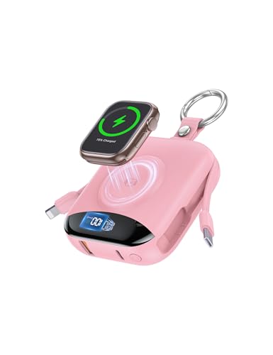 Portable Charger, 10000mAh 22.5W Fast Charging Power Bank with Built-in Cables, Travel Essential Battery Pack with LED Display, Keychain Battery Phone Charger for iPhone, iWatch 10/9/8/7/6/SE/5/4 Pink
