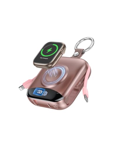 Portable Charger Power Bank, 10000mAh 22.5W Fast Charging Phone Charger with Built-in Cables, Travel Essential Battery Pack with LED Display, Keychain Battery Bank for iPhone, iWatch 10/9/8/7/6/5 Rose