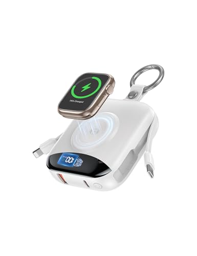 Portable Power Bank, 10000mAh 22.5W Fast Charging Phone Charger with Built-in Cables, Travel Essential Battery Pack with LED Display, Keychain Battery Bank for iPhone, iWatch 10/9/8/7/6/SE/5/4 White