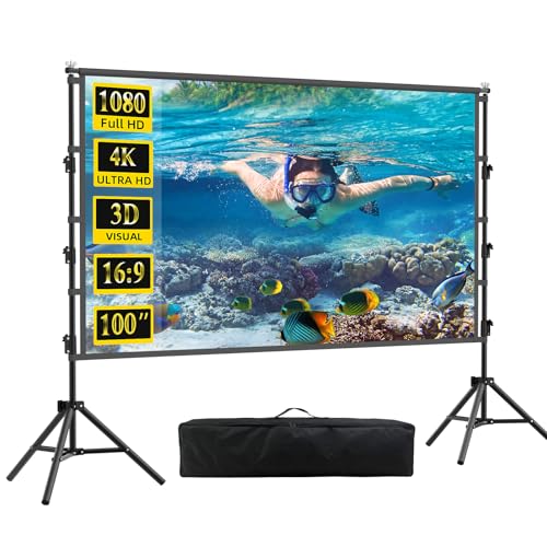100 inch Projector Screen with Stand,HUANYINGBJB Indoor Projection Screen, Portable 16:9 4K HD Rear Front Movie Screen with Carry Bag for Theater Backyard Movie Night,Cinema School, Churches