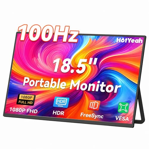 HotYeah Portable Monitor, 18.5" 1080P 100Hz 125% sRGB Laptop Monitor USB-C HDMI External Computer Display HDR FreeSync w/Kickstand & Speaker, 2nd Screen for Laptop PC Mac Phone Tablet Switch PS5 Xbox