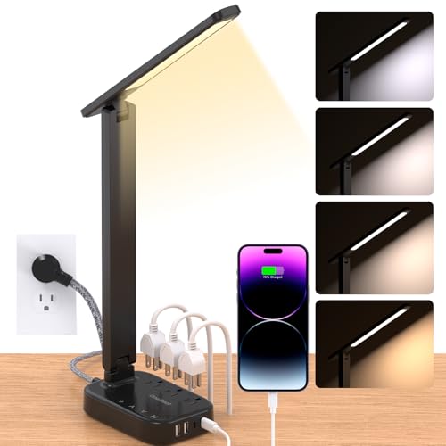 Power Strip with LED Desk Lamp, 10 Ft Extension Cord with 3 Outlets 4 USB Ports(2 USBC), 4 Modes 5 Level Touch Lamp Small Desk Lamps for Home Office College Dorm Room, Study Reading Light - BK
