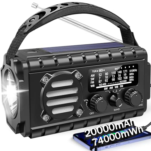 20000mah Emergency Radio, SW/NOAA/AM/FM Weather Radio, Solar Powered Hand Crank Chager with Bige Batery Powered,Portable,Cellphone Charge,SOS,Flashlight for Emergency/Home (Black)