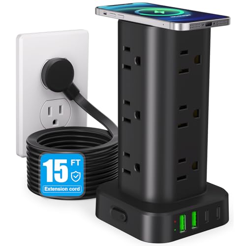 Power Strip Tower with Wireless Charger, Flat Plug Surge Protector Tower with 15FT Extension Cord, 12 AC Multiple Outlets, 4 USB (2 USB C),15W Wireless Charging Power Tower for Home Office Dorm, Black