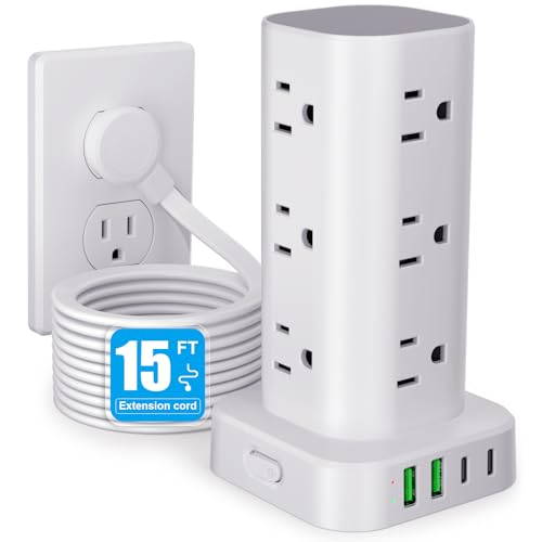 Power Strip Tower with Multiple Outlets, Flat Plug Surge Protector Tower Extension Cord with 12 AC Outlets 4 USB Ports (2 USB C), 15FT Cord Power Tower Surge Protector for Home Office Dorm Room, White