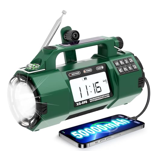 NOAA Weather Alert Emergency Radio with, Portable Solar Hand Crank SW/AM/FM Radio for Survival Rechargeable Battery Powered, Replaceable Battery, Clock SOS Alarm & Flashlight (098 Green)