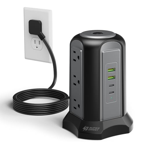 Power Strip Tower Surge Protector, SUPERDANNY Desktop Charging Station, 6.5 Ft Flat Plug Extension Cord, 9 Outlets, 4 USB (2 USB-C), 1080J, Multiple Protections Outlet Extender for Home, Office, Dorm
