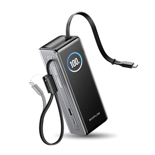 EF ECOFLOW Rapid Power Bank, 25,000mAh, 170W, 100W Built-in and Retractable Cables, Portable Charger with Triple 100W USB-C Port, Compatible with iPhone Series, Samsung, Laptop and More, Silver