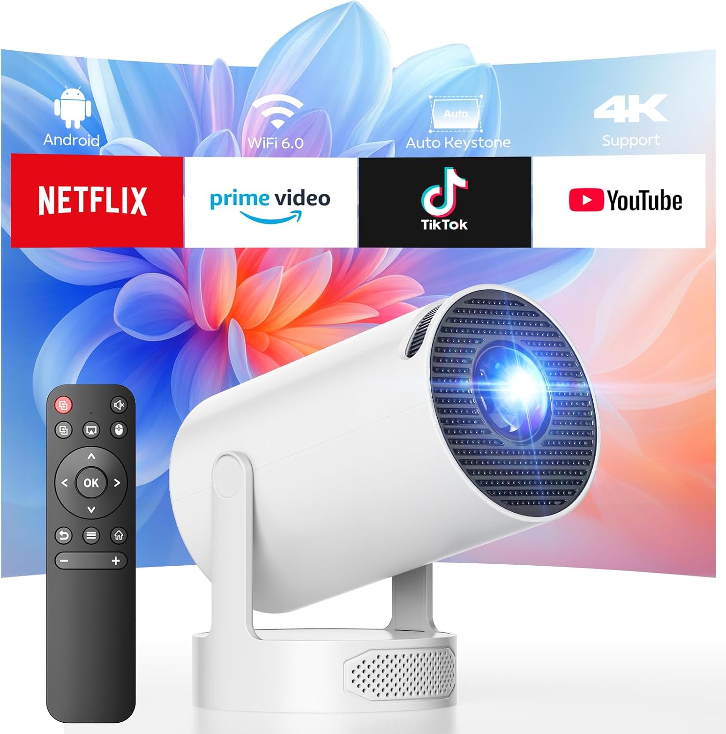 Mini Projector with WiFi and Bluetooth, 4K Support Portable Movie Projector with 5W Soundbase Speaker, 300 ANSI, 220 Rotation, Auto Keystone Video Projector, Compatible with HDMI, USB, Phone