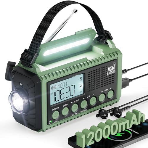 Emergency Weather Radio, Hand Crank 12000mAh Battery Powered Auto Alert NOAA Radio,130H Runtime, LCD Digital Display, SOS, Flashlight, Phone Charger, Solar Portable AM/FM/SW Radio for Emergency/Outdoor