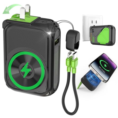 P05 Portable Charger, Magnetic Power Bank, Small Wireless PowerBank, Battery Pack10000mAh Travel Essentials Fast Charging with Built in Cable, Foldable Wall Plug for iPhone,Samsung,Andriod