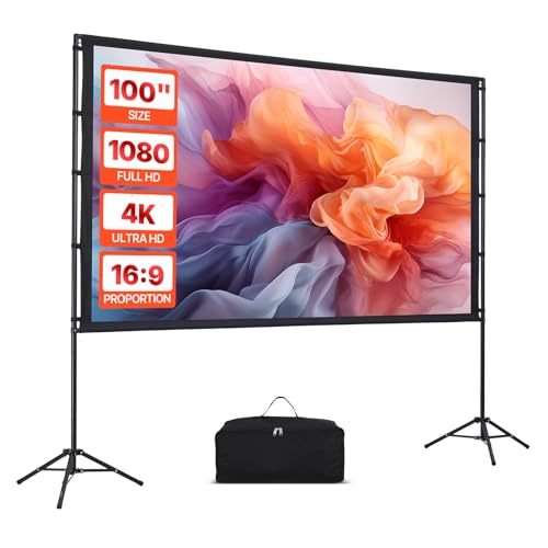 VEVOR Projector Screen with Stand, 100 Inch 160 Wide Angle Indoor Outdoor Projection Screen, 16:9 4K HD Wrinkleless Portable Dual-Tripod Screens with Carry Bag, for Movie Home Theater Presentation