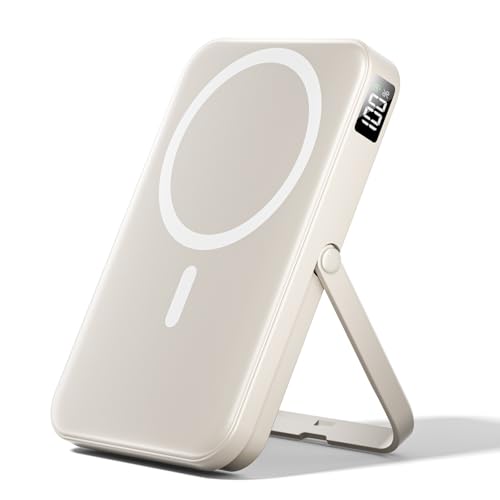 10000mAh Power Bank for Magsafe Battery Pack with PD 22.5W Fast Charge, Foldable Stand Portable Charger, Wireless Charger for iPhone 16/15/14/13/12 Series Travel Essential Black (Beige)