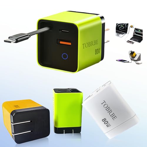 Tobre 3 in 1 GaN Charger, Scalable 80W Max Fast Charging Block with Retractable Type-C Cable & 2 USB Ports, All-in-One Wall Charger for iPhone 16/15/14, Galaxy S25, Pixel,Laptops (Green, 70)